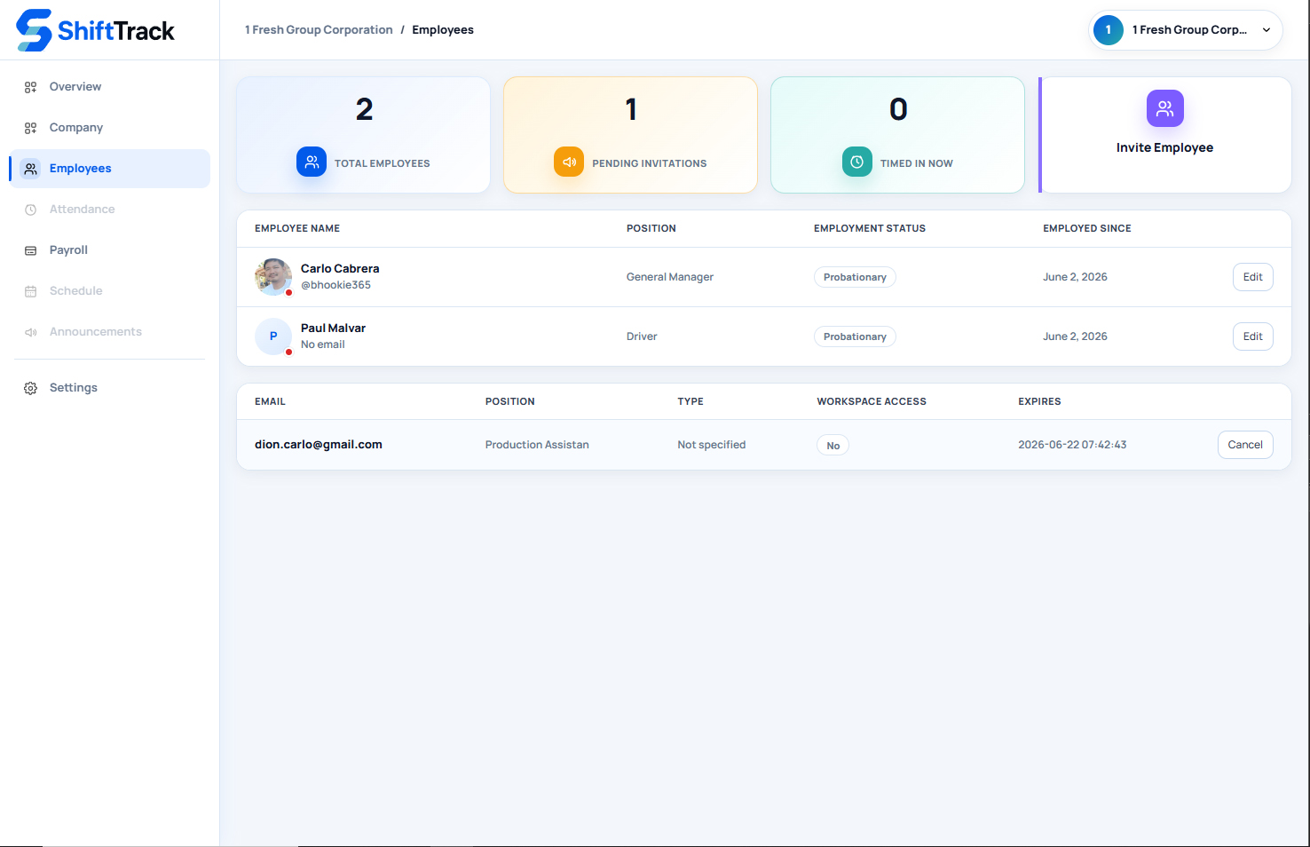 ShiftTrack Company Workspace employee list and pending invitations