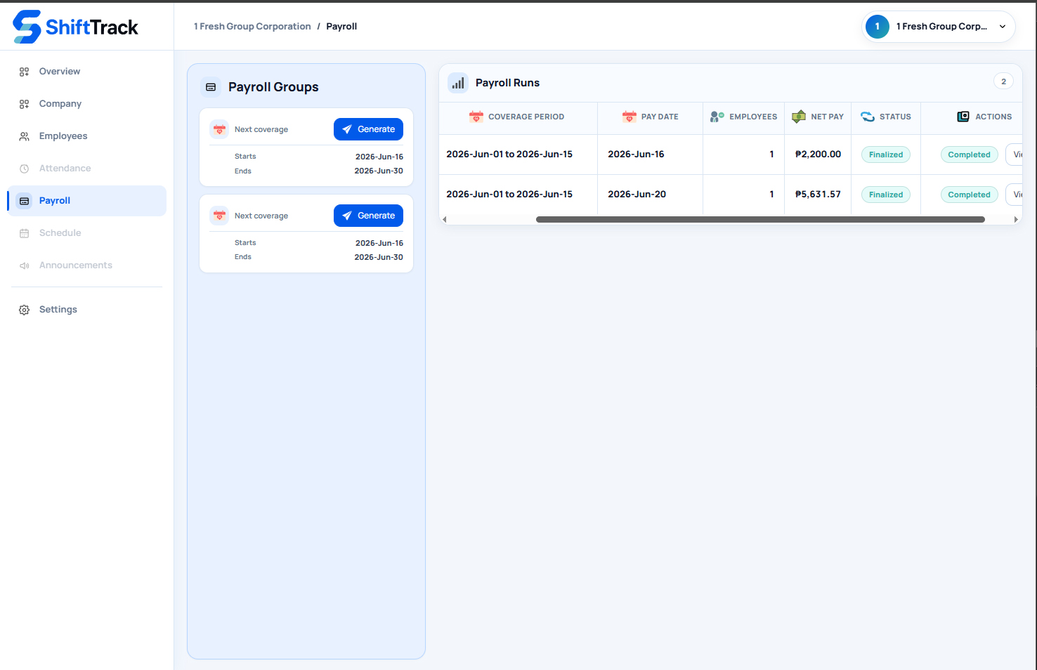 ShiftTrack payroll groups and generated payroll runs