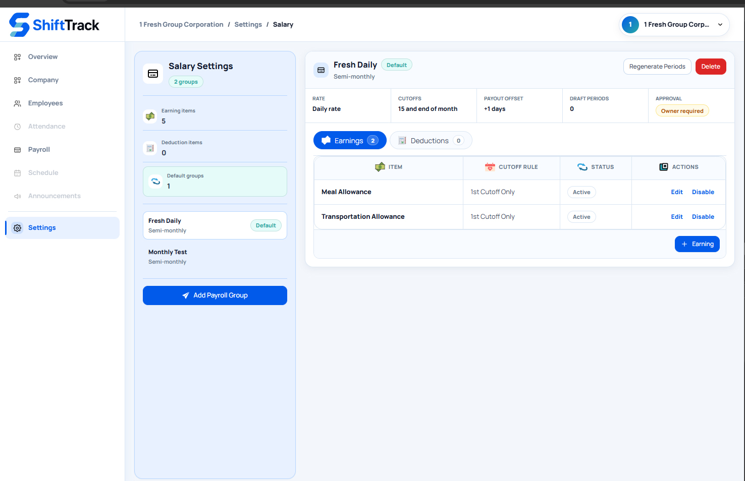 ShiftTrack salary settings with payroll groups and earning items