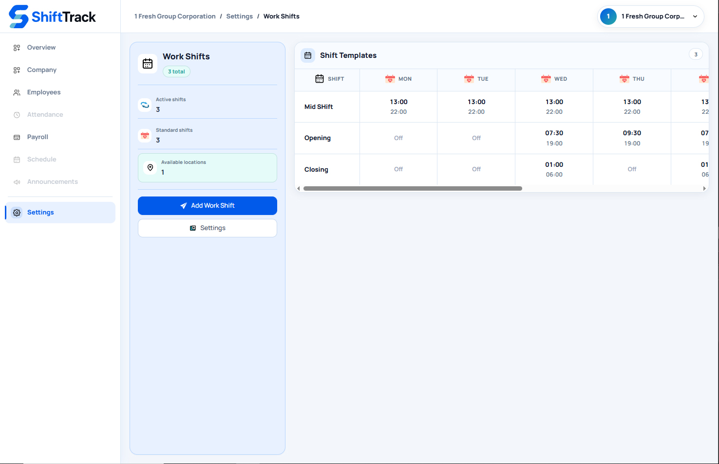 ShiftTrack Company Workspace work shift templates